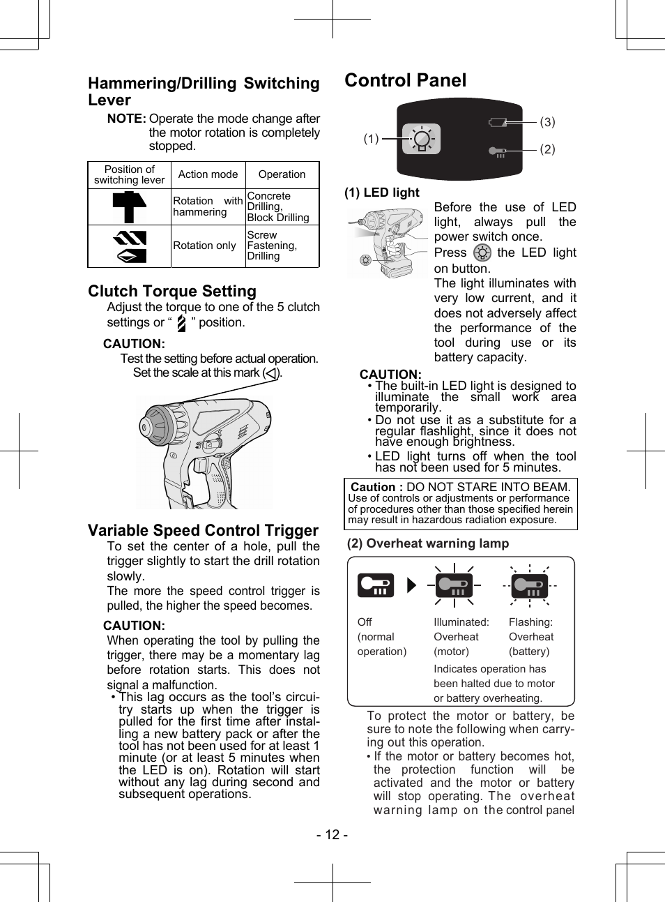 Control panel, Hammering/drilling switching lever, Clutch torque setting | Variable speed control trigger | Panasonic EY7840 User Manual | Page 12 / 148