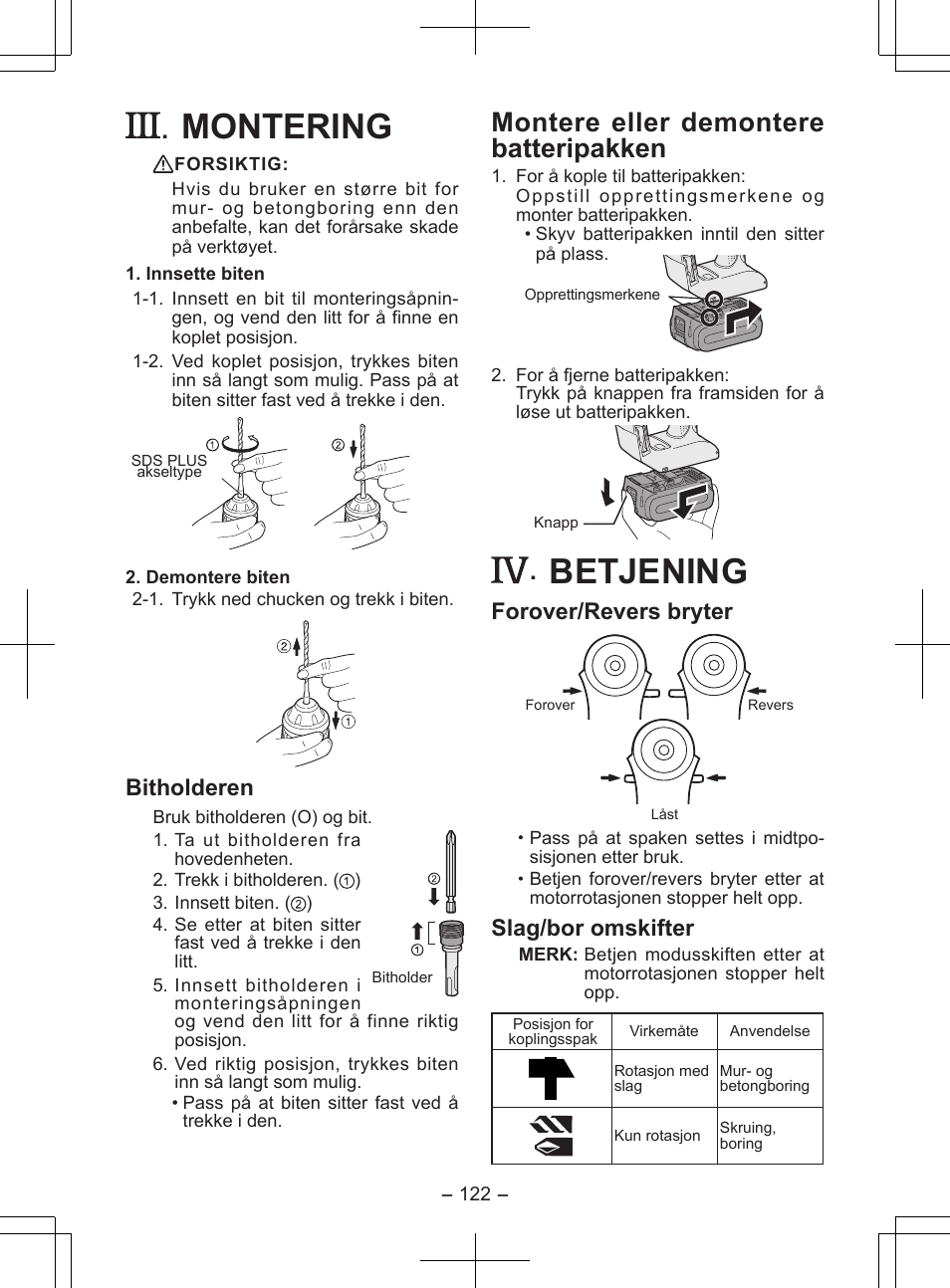 Montering, Betjening, Montere eller demontere batteripakken | Bitholderen, Forover/revers bryter, Slag/bor omskifter | Panasonic EY7840 User Manual | Page 122 / 148