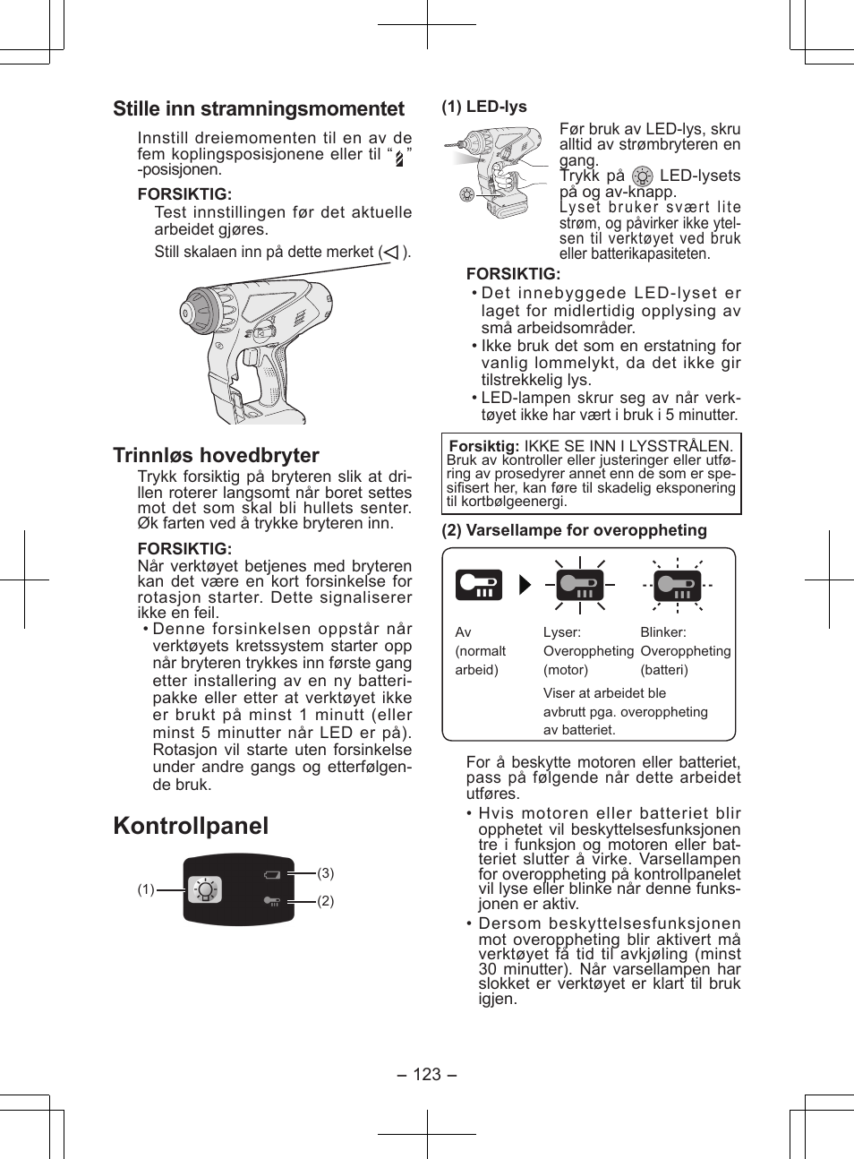 Kontrollpanel, Stille inn stramningsmomentet, Trinnløs hovedbryter | Panasonic EY7840 User Manual | Page 123 / 148