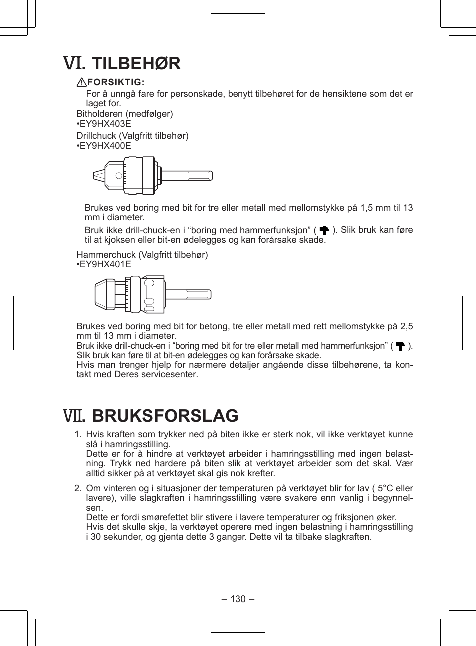 Tilbehør, Bruksforslag | Panasonic EY7840 User Manual | Page 130 / 148