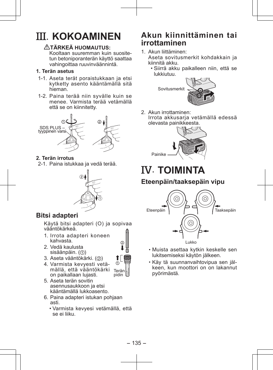 Kokoaminen, Toiminta, Akun kiinnittäminen tai irrottaminen | Bitsi adapteri, Eteenpäin/taaksepäin vipu | Panasonic EY7840 User Manual | Page 135 / 148