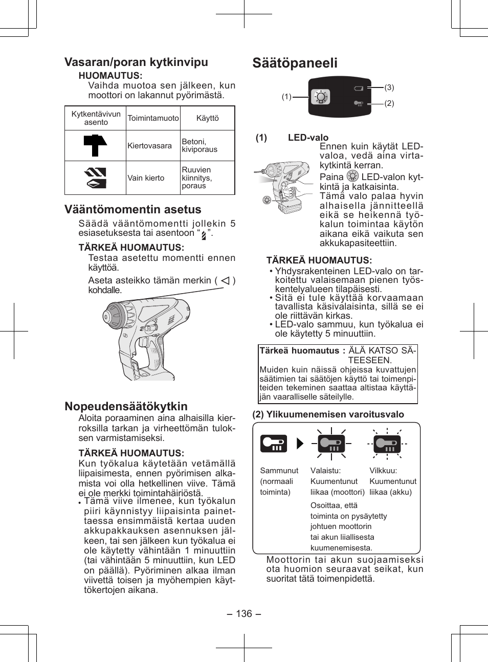 Säätöpaneeli, Vasaran/poran kytkinvipu, Vääntömomentin asetus | Nopeudensäätökytkin | Panasonic EY7840 User Manual | Page 136 / 148