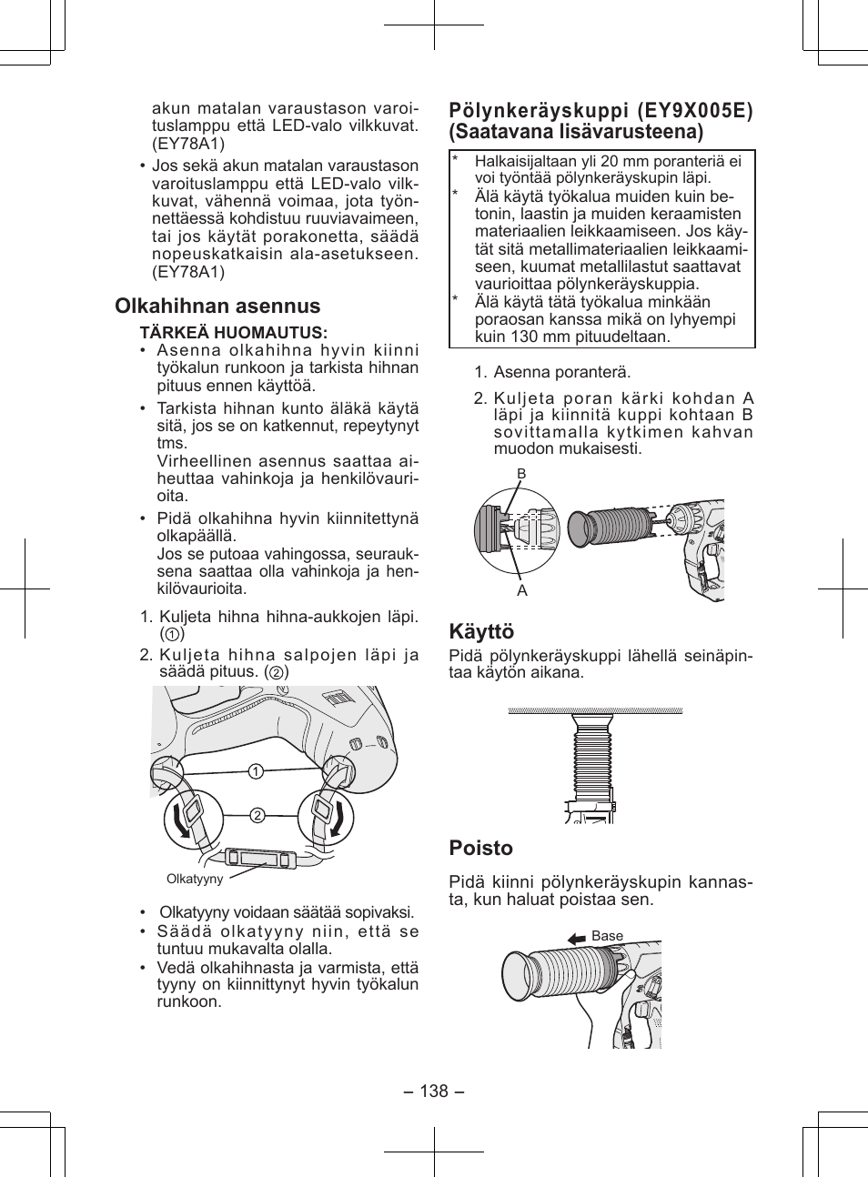 Olkahihnan asennus, Käyttö, Poisto | Panasonic EY7840 User Manual | Page 138 / 148