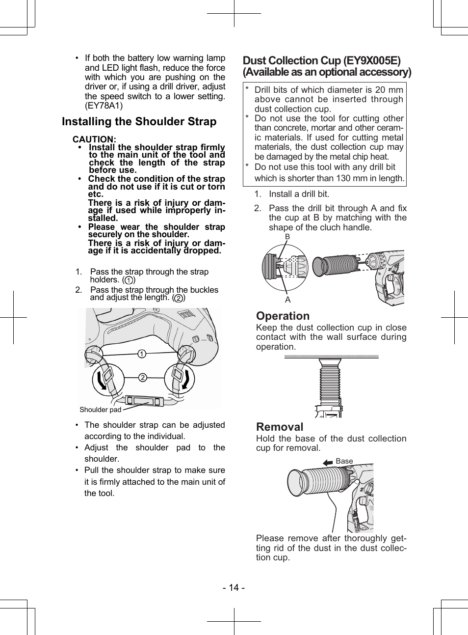 Installing the shoulder strap, Operation, Removal | Panasonic EY7840 User Manual | Page 14 / 148