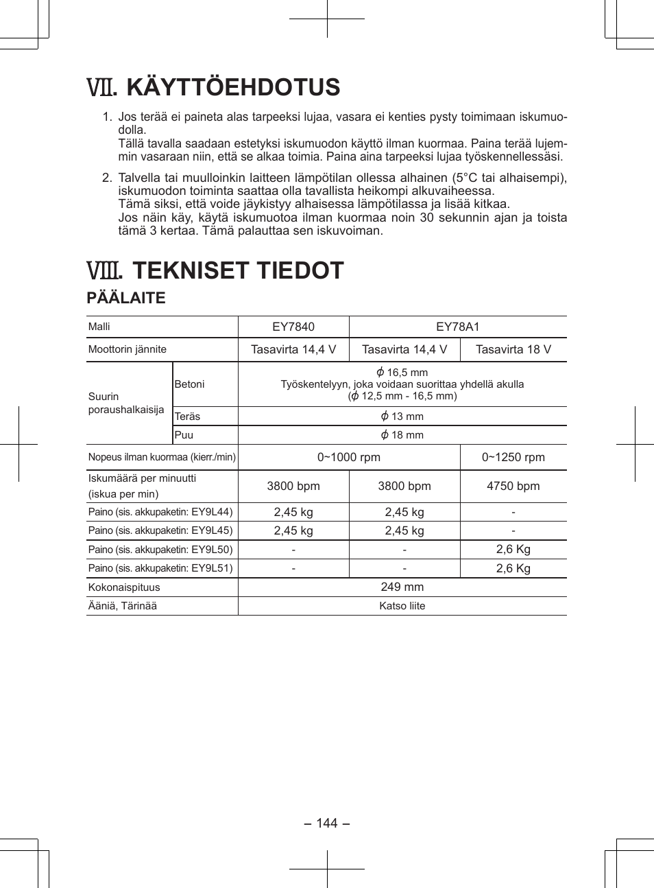 Käyttöehdotus, Tekniset tiedot, Päälaite | Panasonic EY7840 User Manual | Page 144 / 148