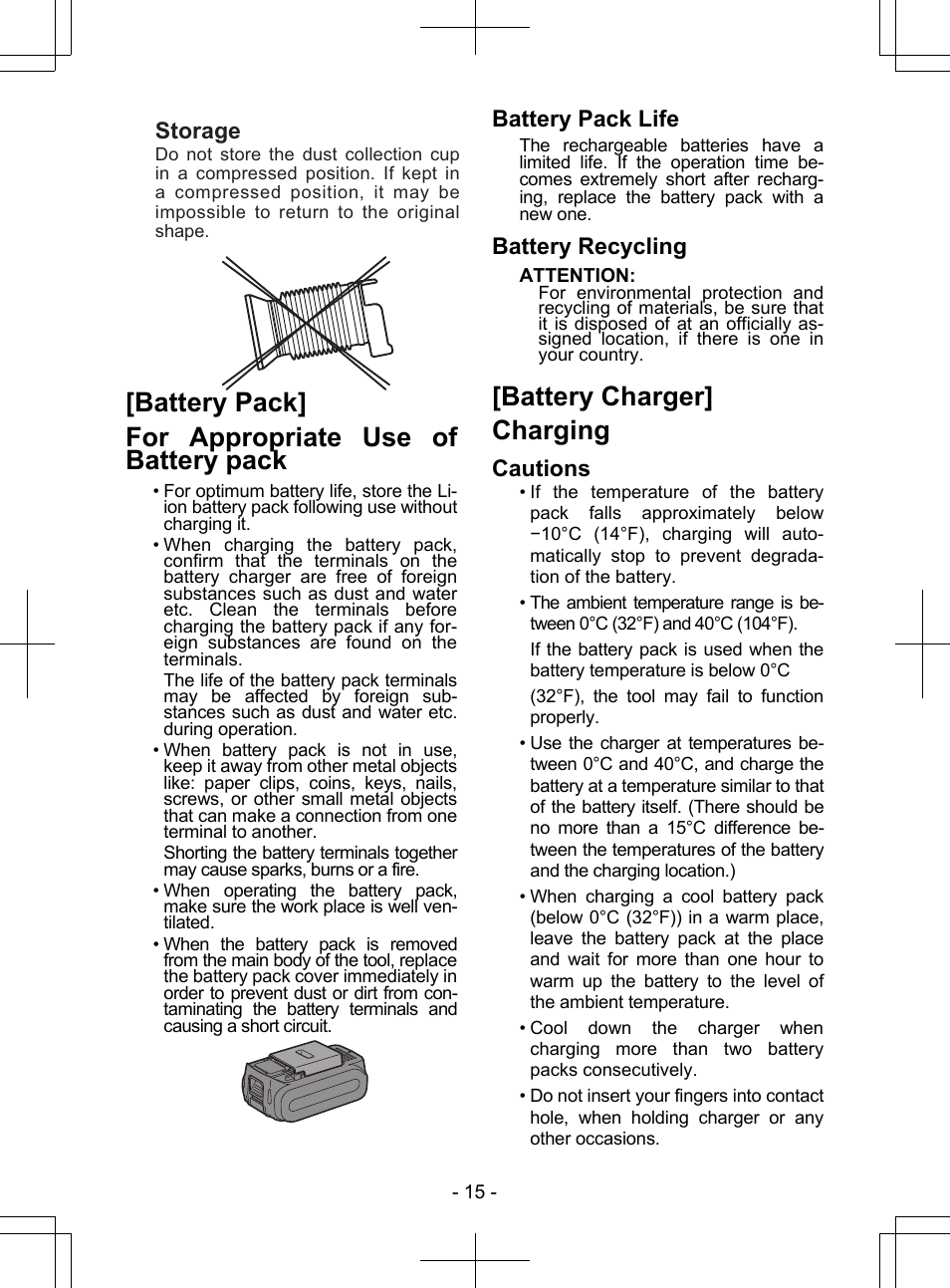 Battery pack] for appropriate use of battery pack, Battery charger] charging, Battery pack life | Battery recycling, Cautions, Storage | Panasonic EY7840 User Manual | Page 15 / 148