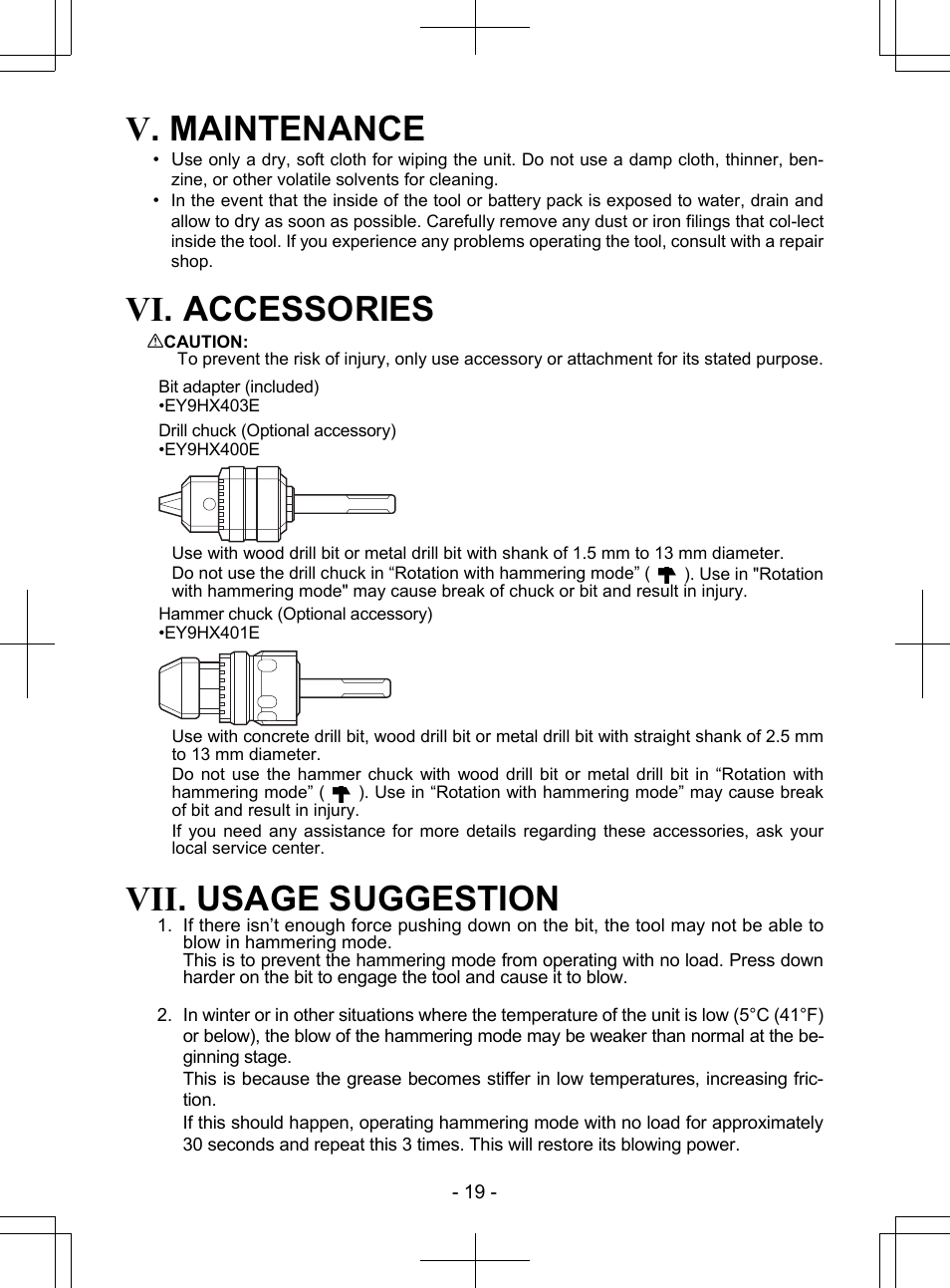 V. maintenance, Vi. accessories, Vii. usage suggestion | Panasonic EY7840 User Manual | Page 19 / 148