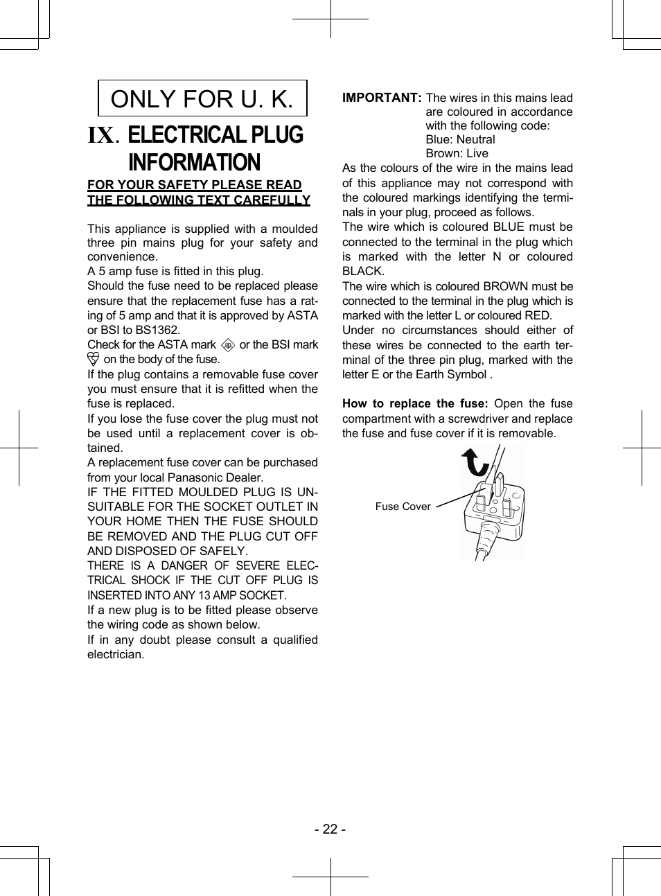 Ix . electrical plug information, Only for u. k | Panasonic EY7840 User Manual | Page 22 / 148