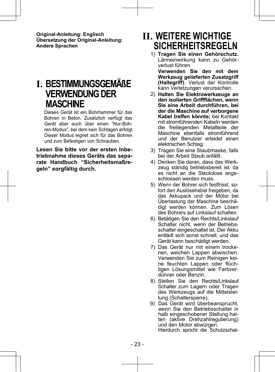 I. bestimmungsgemäße verwendung der maschine, Ii. weitere wichtige sicherheitsregeln | Panasonic EY7840 User Manual | Page 23 / 148