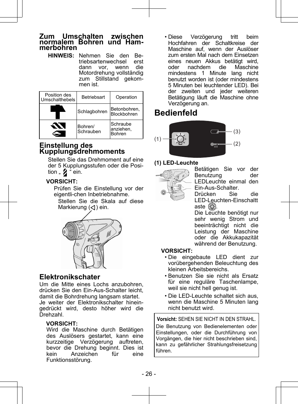 Bedienfeld, Einstellung des kupplungsdrehmoments, Elektronikschater | Panasonic EY7840 User Manual | Page 26 / 148