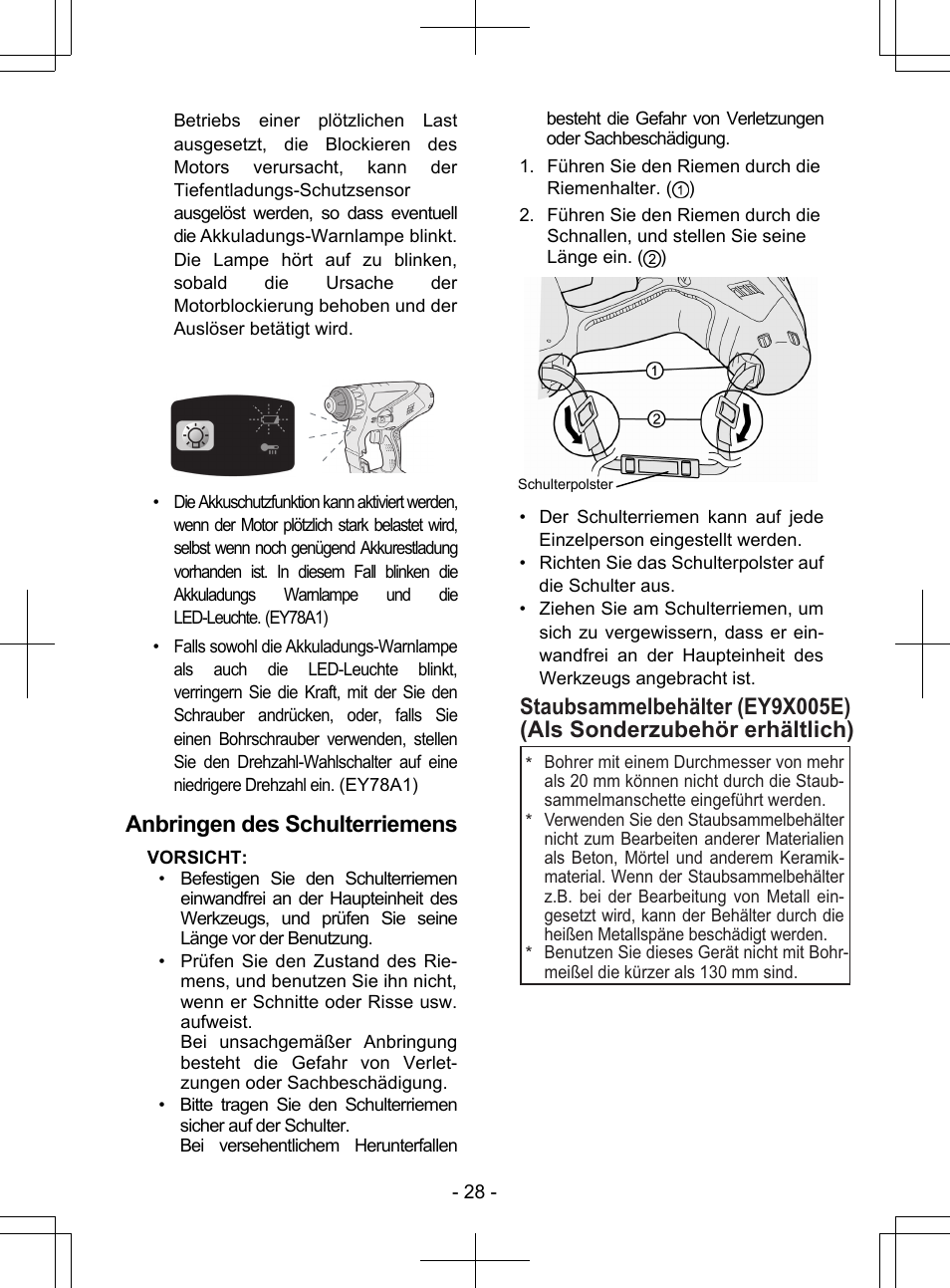 Anbringen des schulterriemens | Panasonic EY7840 User Manual | Page 28 / 148