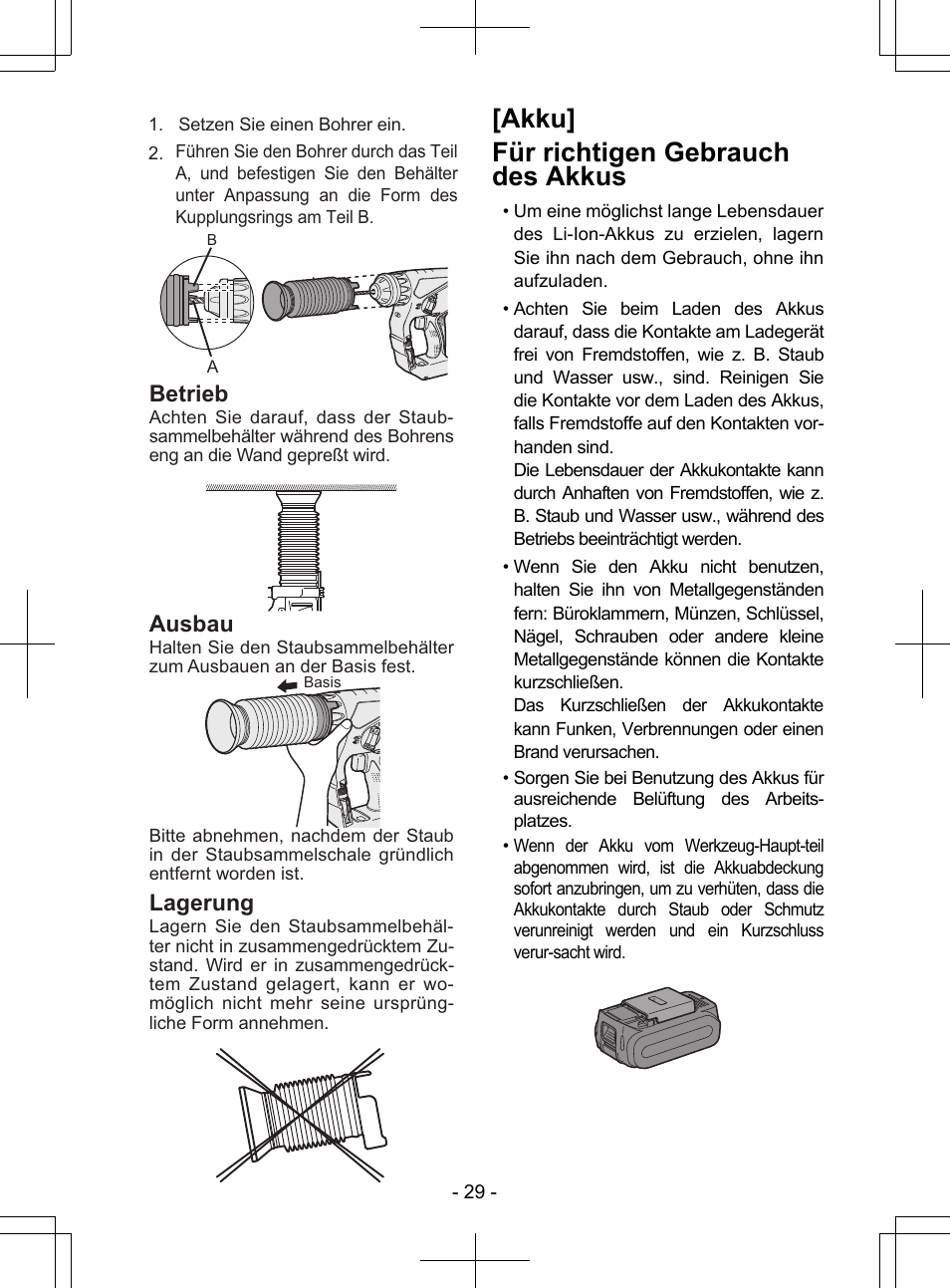 Akku] für richtigen gebrauch des akkus, Ausbau, Lagerung | Betrieb | Panasonic EY7840 User Manual | Page 29 / 148