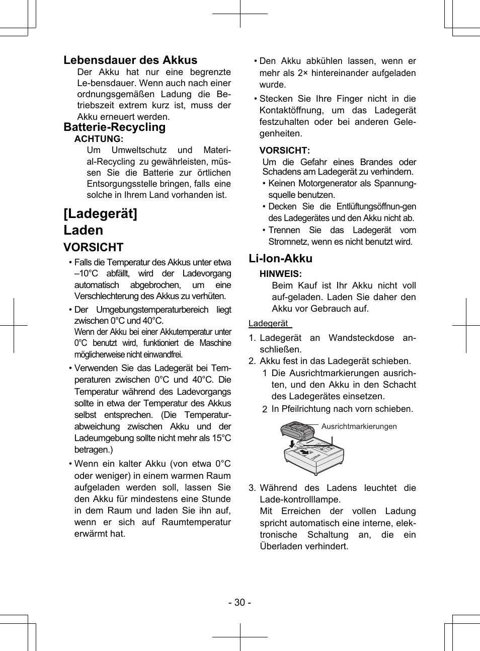 Ladegerät] laden, Lebensdauer des akkus, Batterie-recycling | Vorsicht, Li-ion-akku | Panasonic EY7840 User Manual | Page 30 / 148