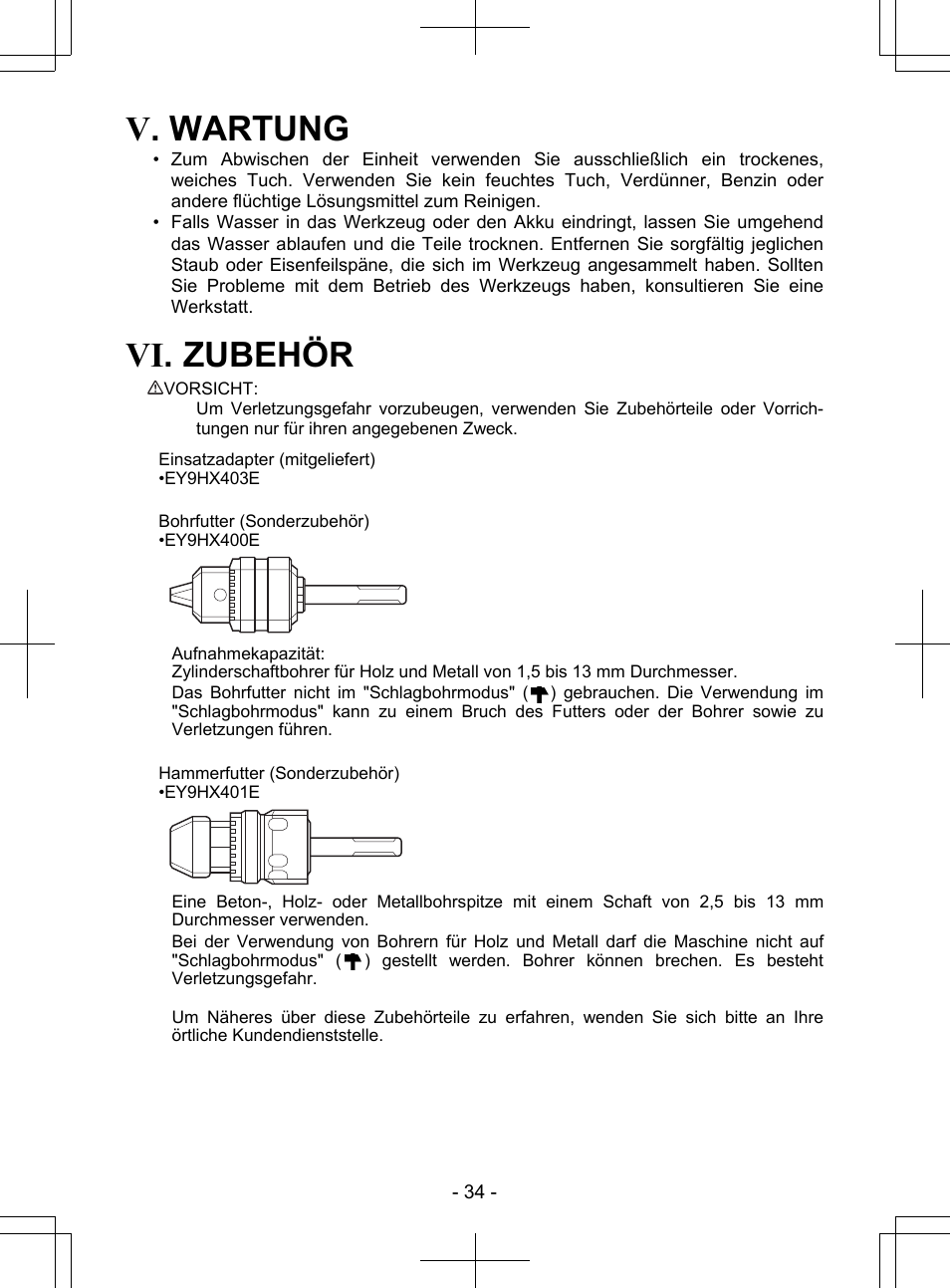 V. wartung, Vi. zubehör | Panasonic EY7840 User Manual | Page 34 / 148