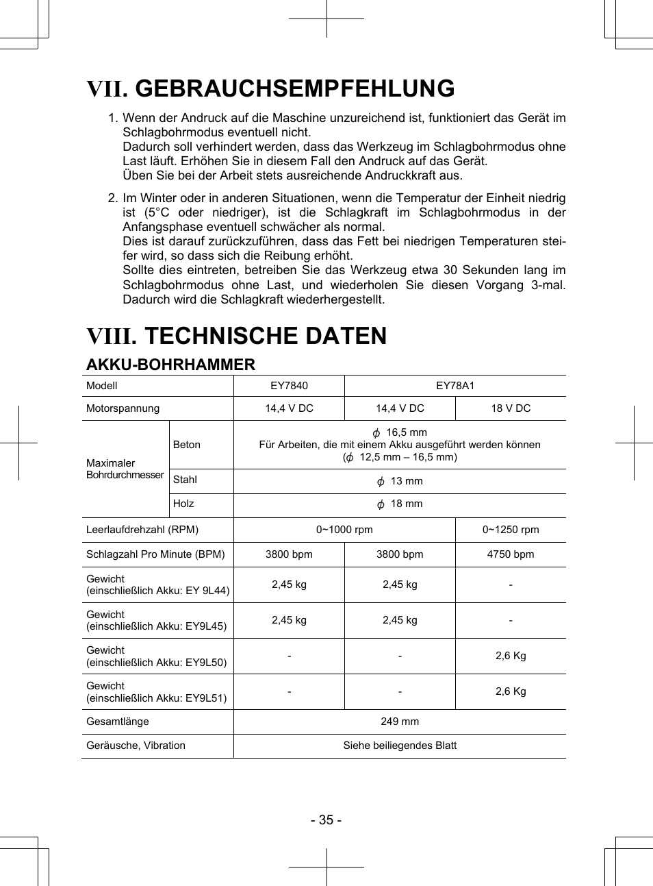 Vii. gebrauchsempfehlung, Viii. technische daten, Akku-bohrhammer | Panasonic EY7840 User Manual | Page 35 / 148