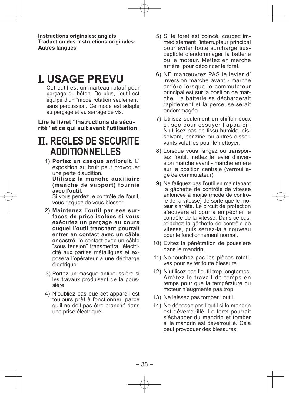 Usage prevu, Regles de securite additionnelles | Panasonic EY7840 User Manual | Page 38 / 148