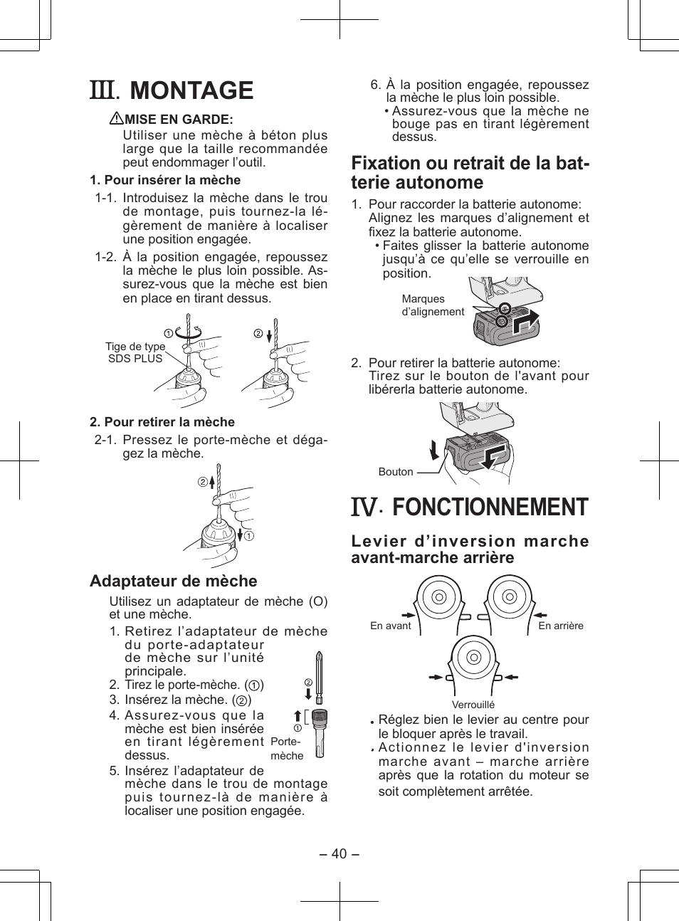 Montage, Fonctionnement, Fixation ou retrait de la bat- terie autonome | Adaptateur de mèche, Levier d’inversion marche avant-marche arrière | Panasonic EY7840 User Manual | Page 40 / 148