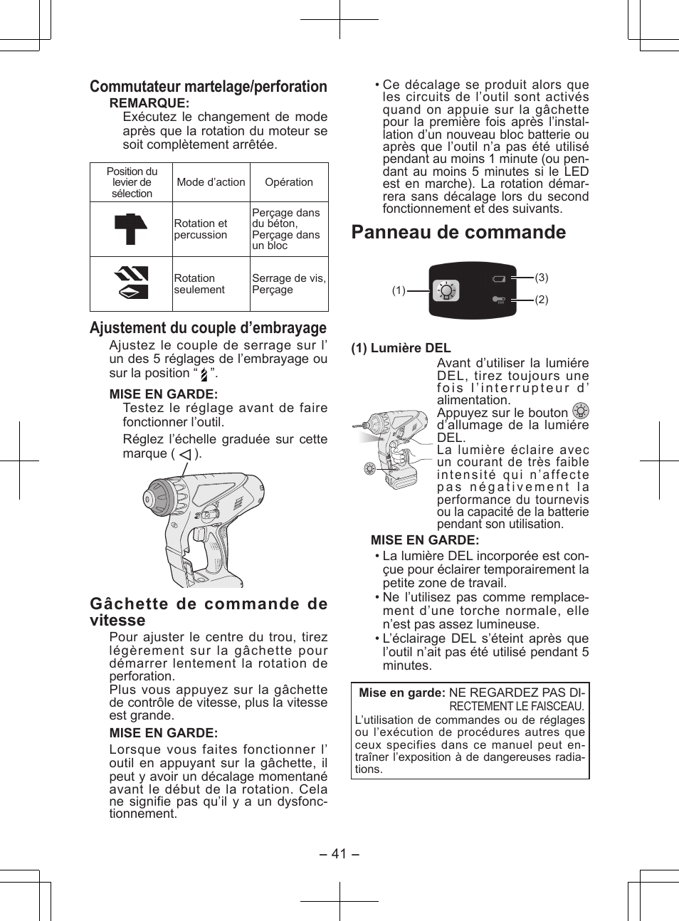 Panneau de commande, Commutateur martelage/perforation, Ajustement du couple d’embrayage | Gâchette de commande de vitesse | Panasonic EY7840 User Manual | Page 41 / 148