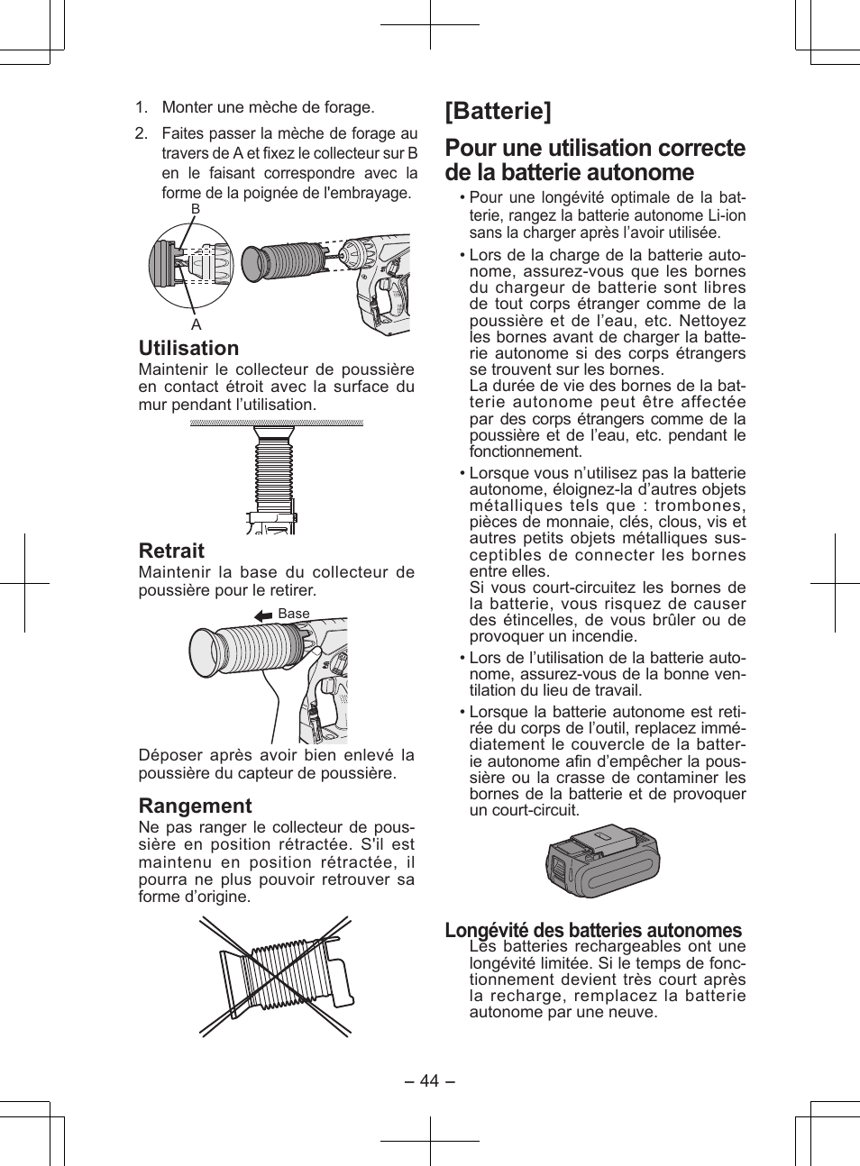 Utilisation, Retrait, Rangement | Longévité des batteries autonomes | Panasonic EY7840 User Manual | Page 44 / 148