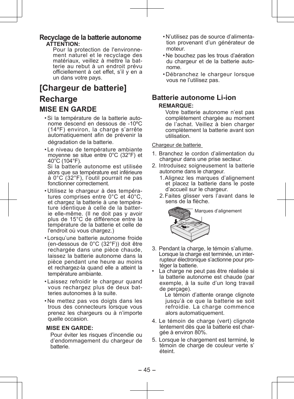 Chargeur de batterie] recharge, Recyclage de la batterie autonome, Mise en garde | Batterie autonome li-ion | Panasonic EY7840 User Manual | Page 45 / 148