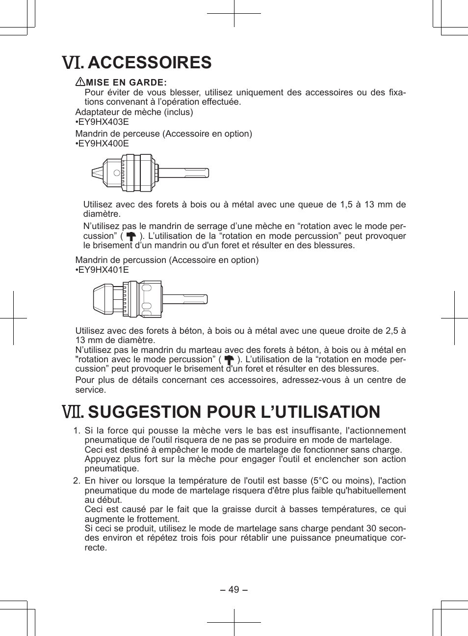 Accessoires, Suggestion pour l’utilisation | Panasonic EY7840 User Manual | Page 49 / 148