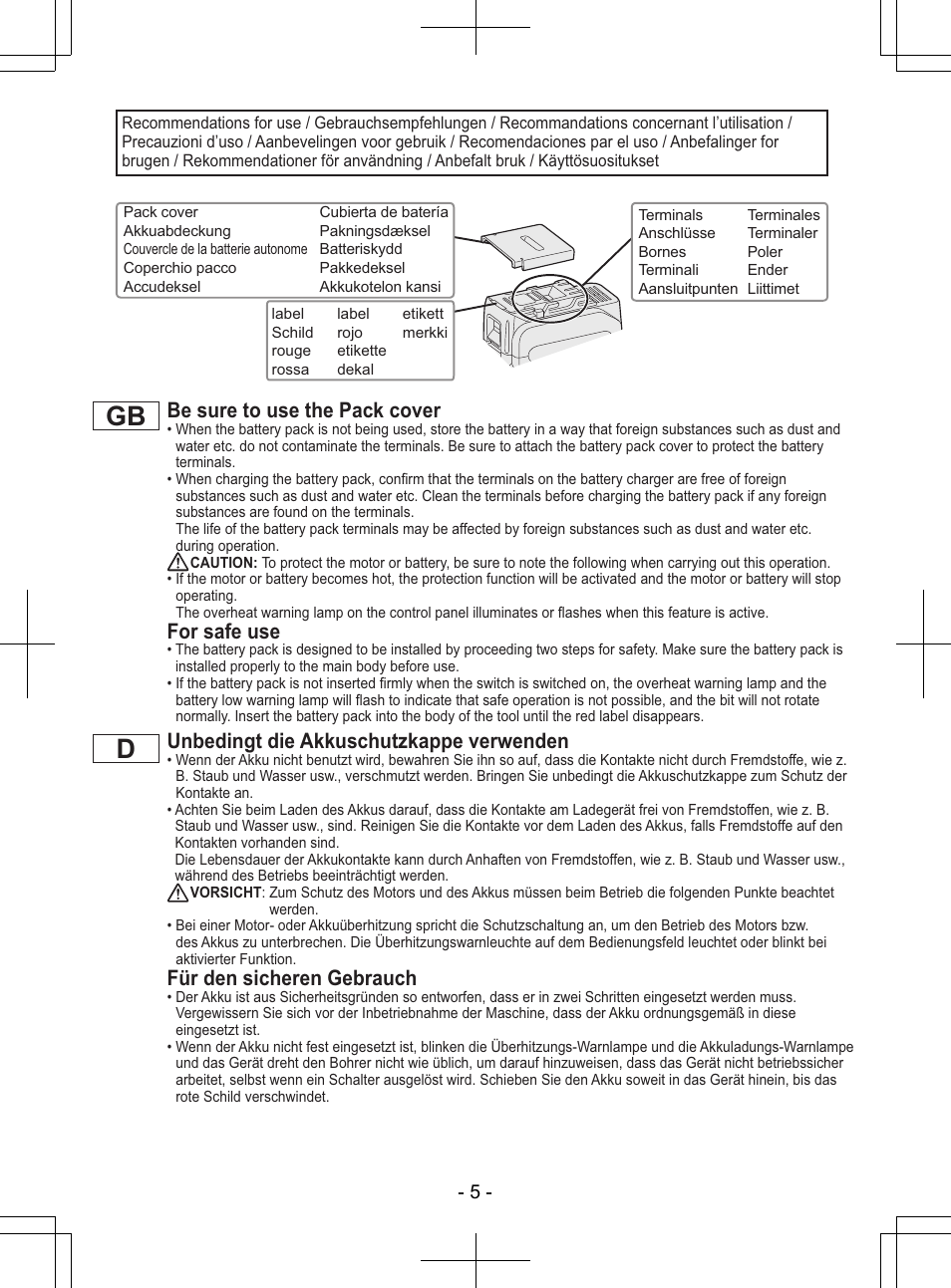 Gb d, Be sure to use the pack cover, For safe use | Unbedingt die akkuschutzkappe verwenden, Für den sicheren gebrauch | Panasonic EY7840 User Manual | Page 5 / 148