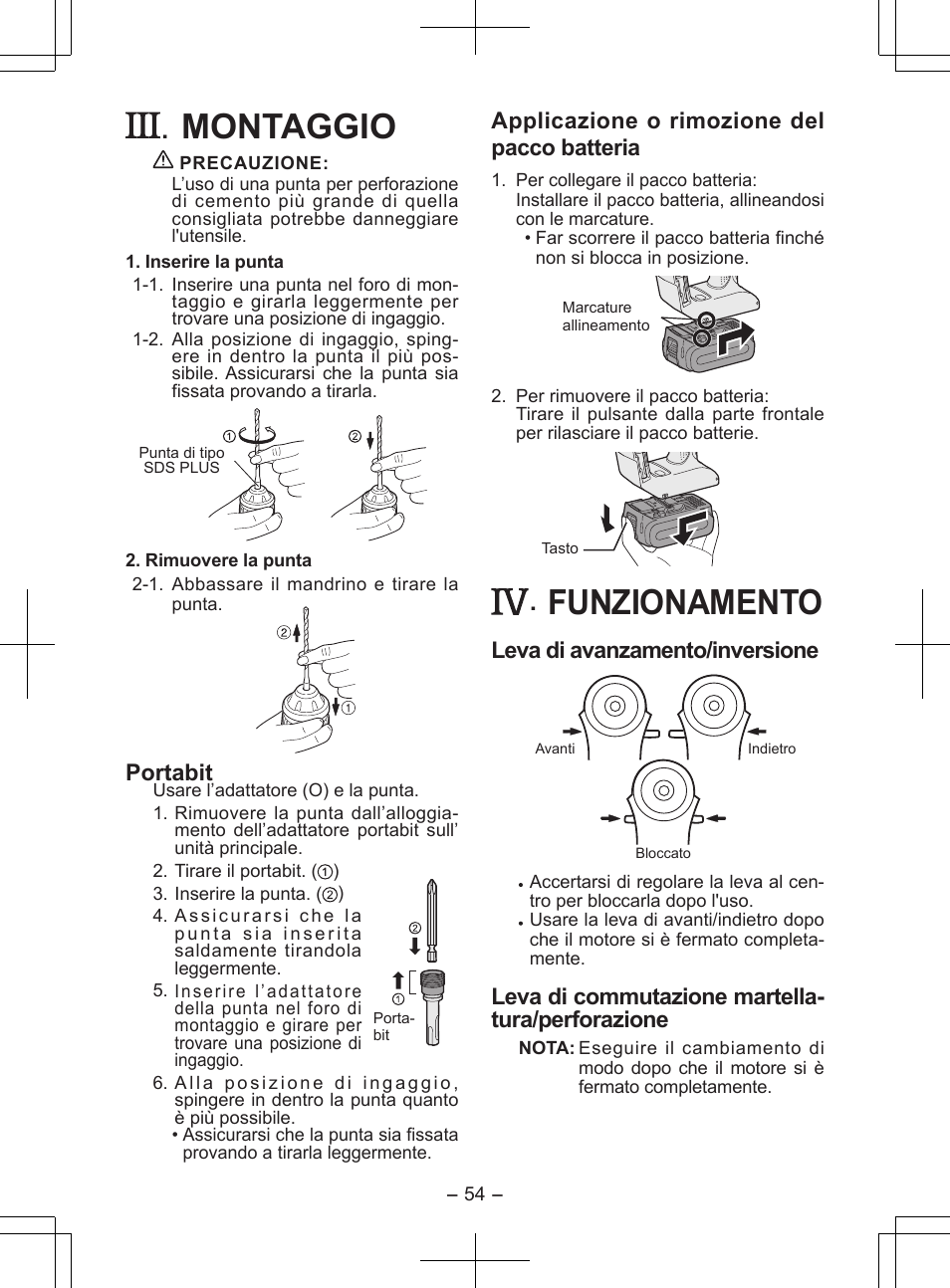 Montaggio, Funzionamento, Portabit | Applicazione o rimozione del pacco batteria, Leva di avanzamento/inversione, Leva di commutazione martella - tura/perforazione | Panasonic EY7840 User Manual | Page 54 / 148