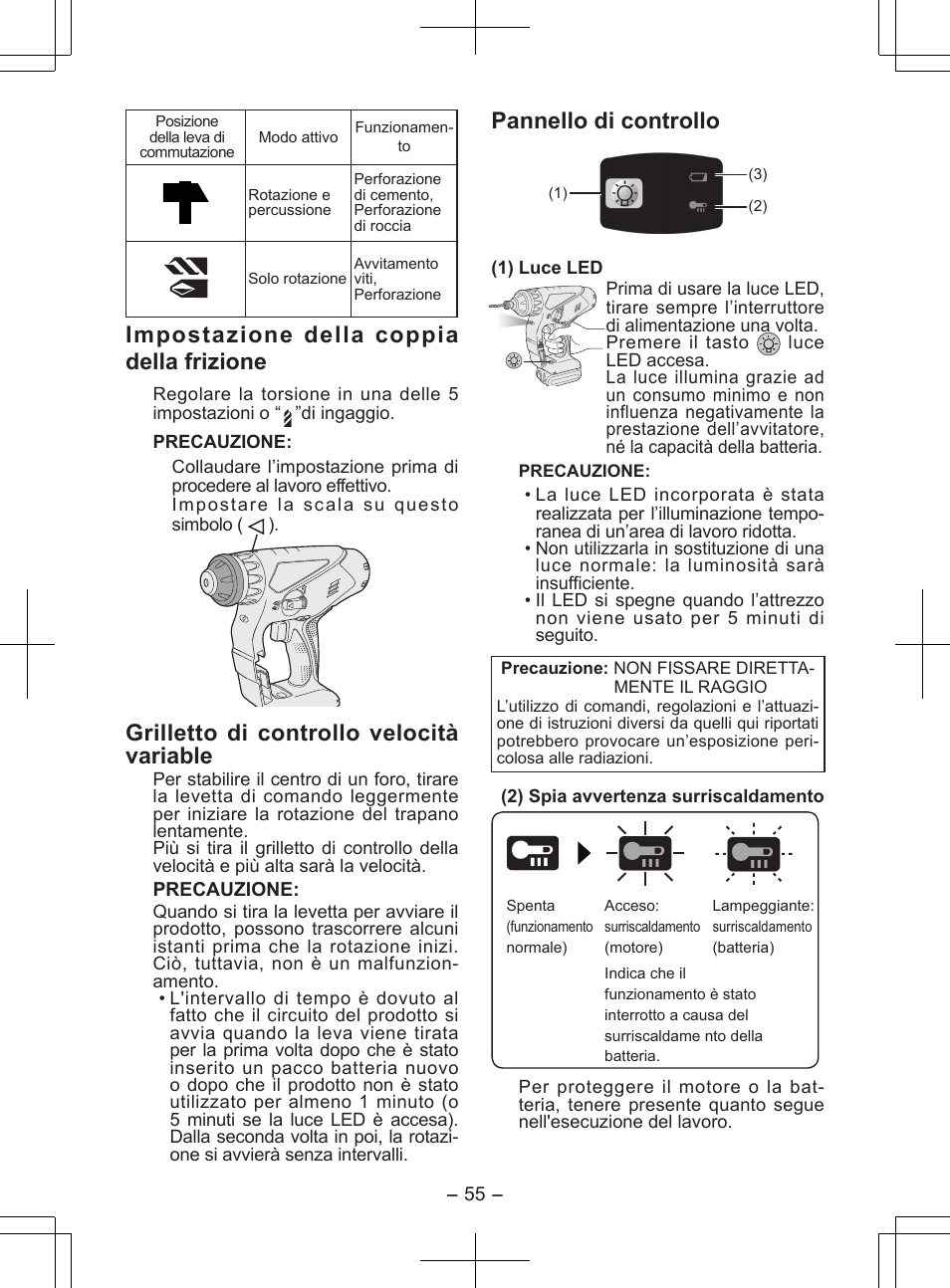 Impostazione della coppia della frizione, Grilletto di controllo velocità variable, Pannello di controllo | Panasonic EY7840 User Manual | Page 55 / 148