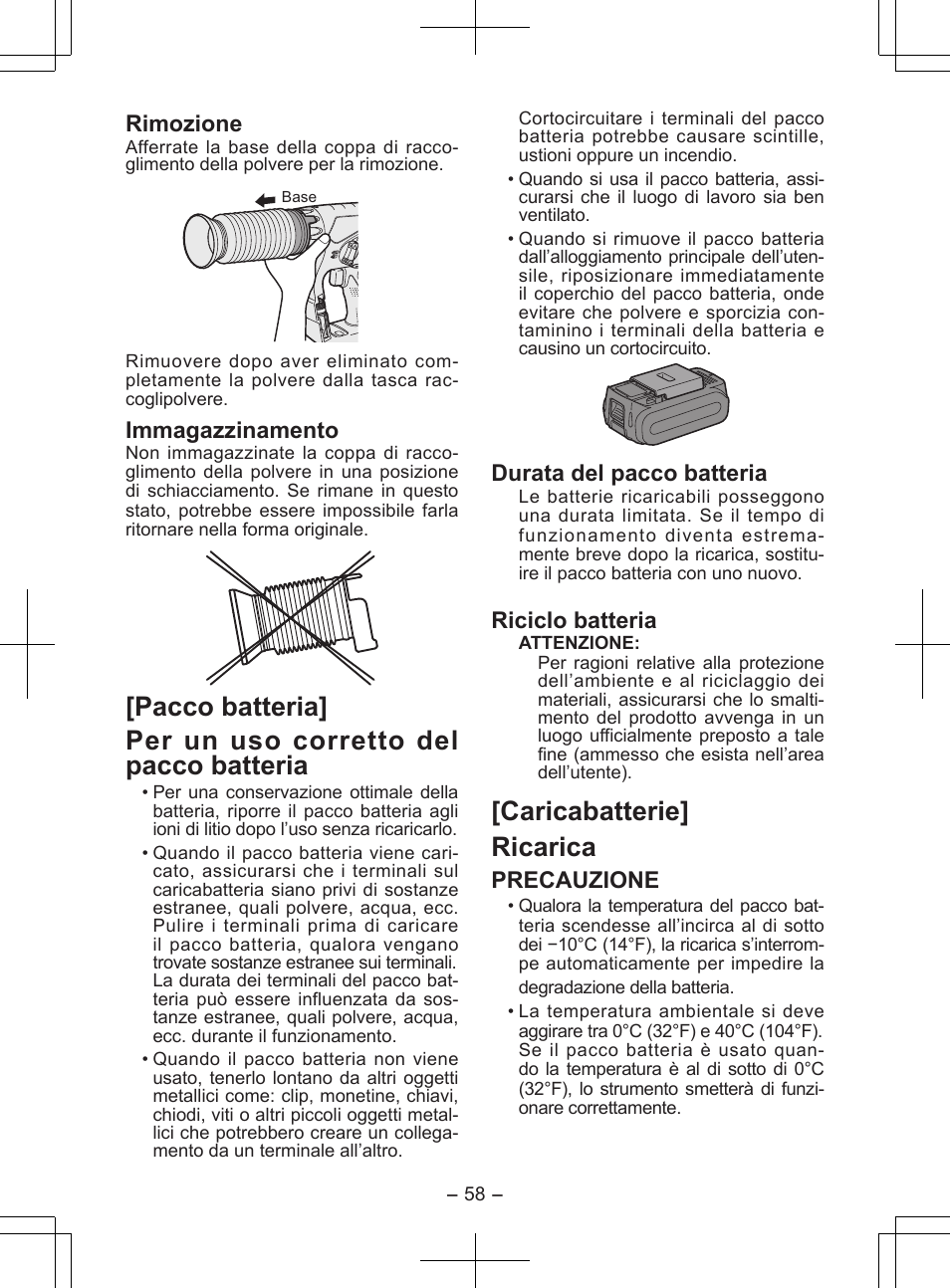 Caricabatterie] ricarica, Rimozione, Immagazzinamento | Durata del pacco batteria, Riciclo batteria, Precauzione | Panasonic EY7840 User Manual | Page 58 / 148