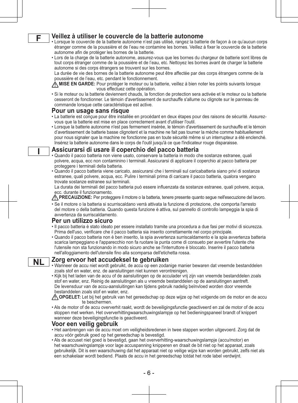 Pour un usage sans risque, Per un utilizzo sicuro, Zorg ervoor het accudeksel te gebruiken | Voor een veilig gebruik | Panasonic EY7840 User Manual | Page 6 / 148