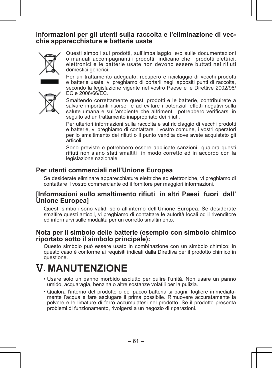 Manutenzione | Panasonic EY7840 User Manual | Page 61 / 148