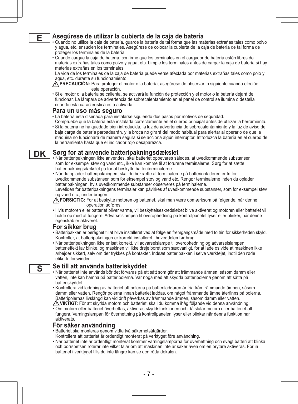 Dk s, Para un uso más seguro, Sørg for at anvende batteripakningsdækslet | For sikker brug, Se till att använda batteriskyddet, För säker användning | Panasonic EY7840 User Manual | Page 7 / 148