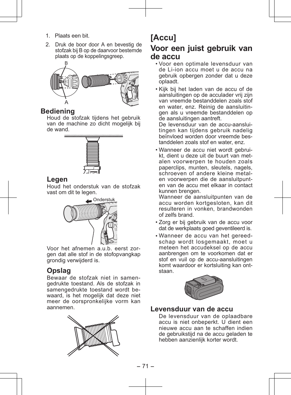 Accu] voor een juist gebruik van de accu, Bediening, Legen | Opslag, Levensduur van de accu | Panasonic EY7840 User Manual | Page 71 / 148