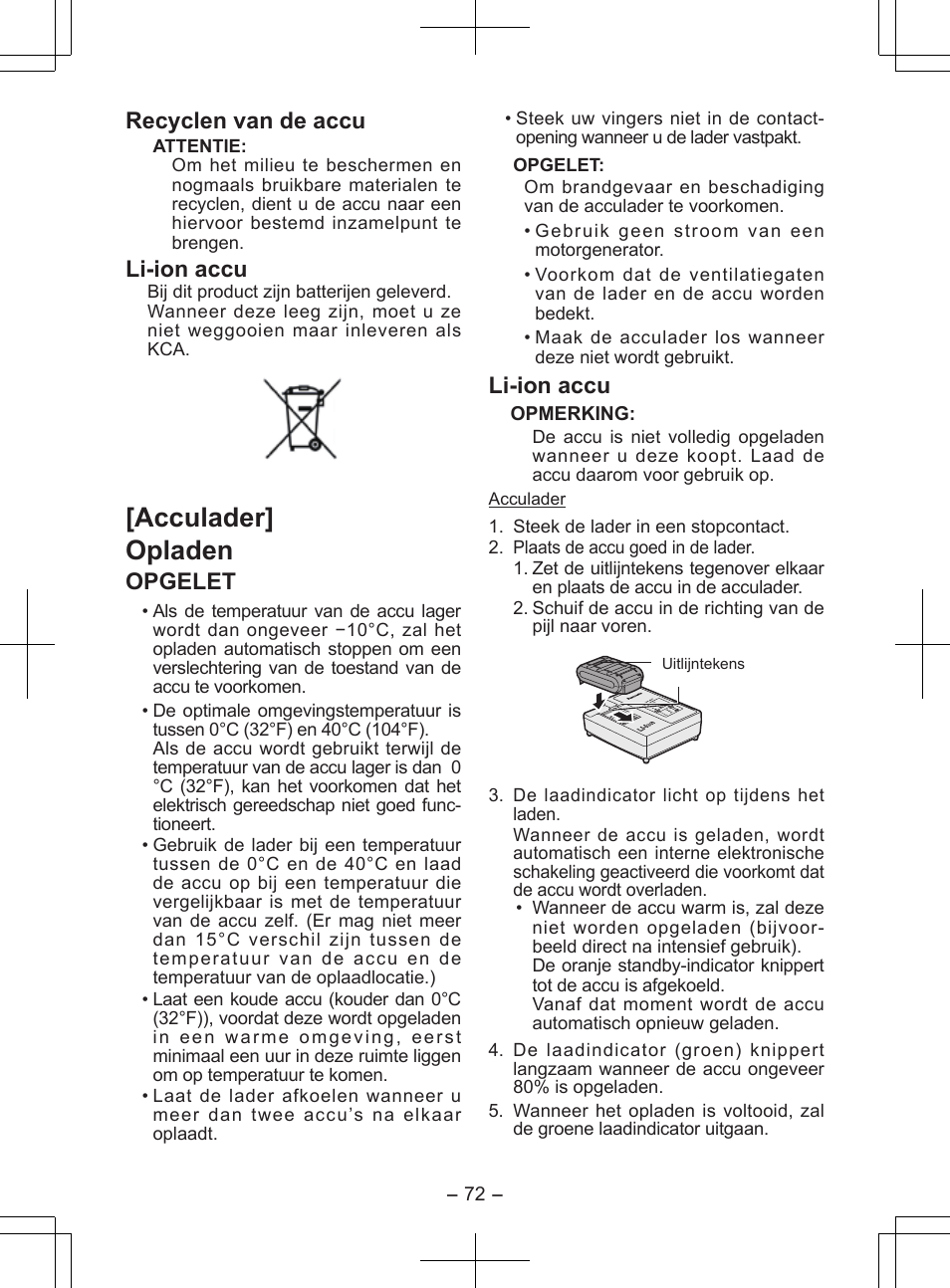 Acculader] opladen, Recyclen van de accu, Li-ion accu | Opgelet | Panasonic EY7840 User Manual | Page 72 / 148