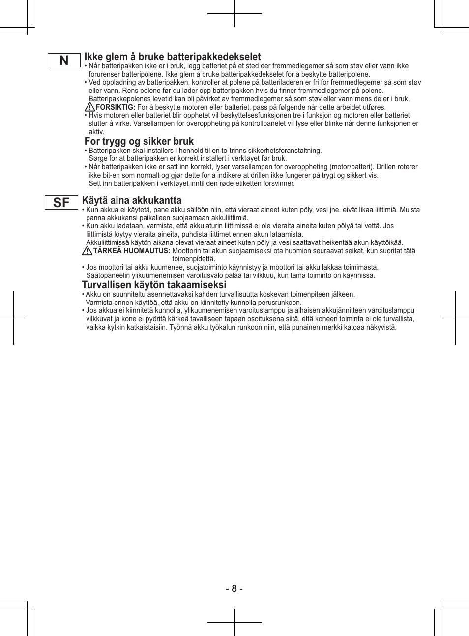 Ikke glem å bruke batteripakkedekselet, For trygg og sikker bruk, Käytä aina akkukantta | Turvallisen käytön takaamiseksi | Panasonic EY7840 User Manual | Page 8 / 148