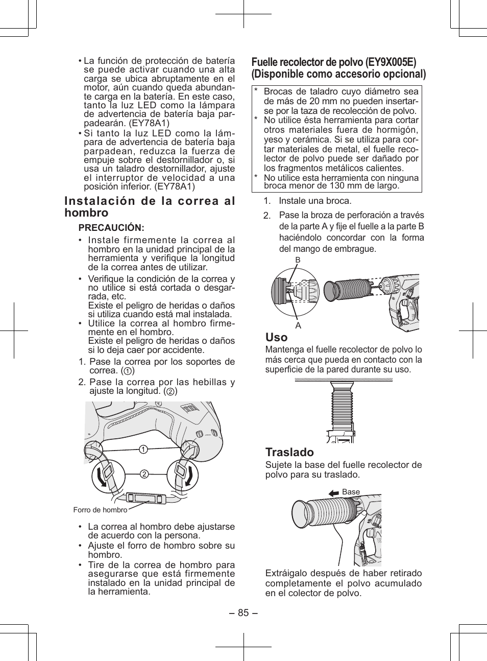 Instalación de la correa al hombro, Traslado | Panasonic EY7840 User Manual | Page 85 / 148