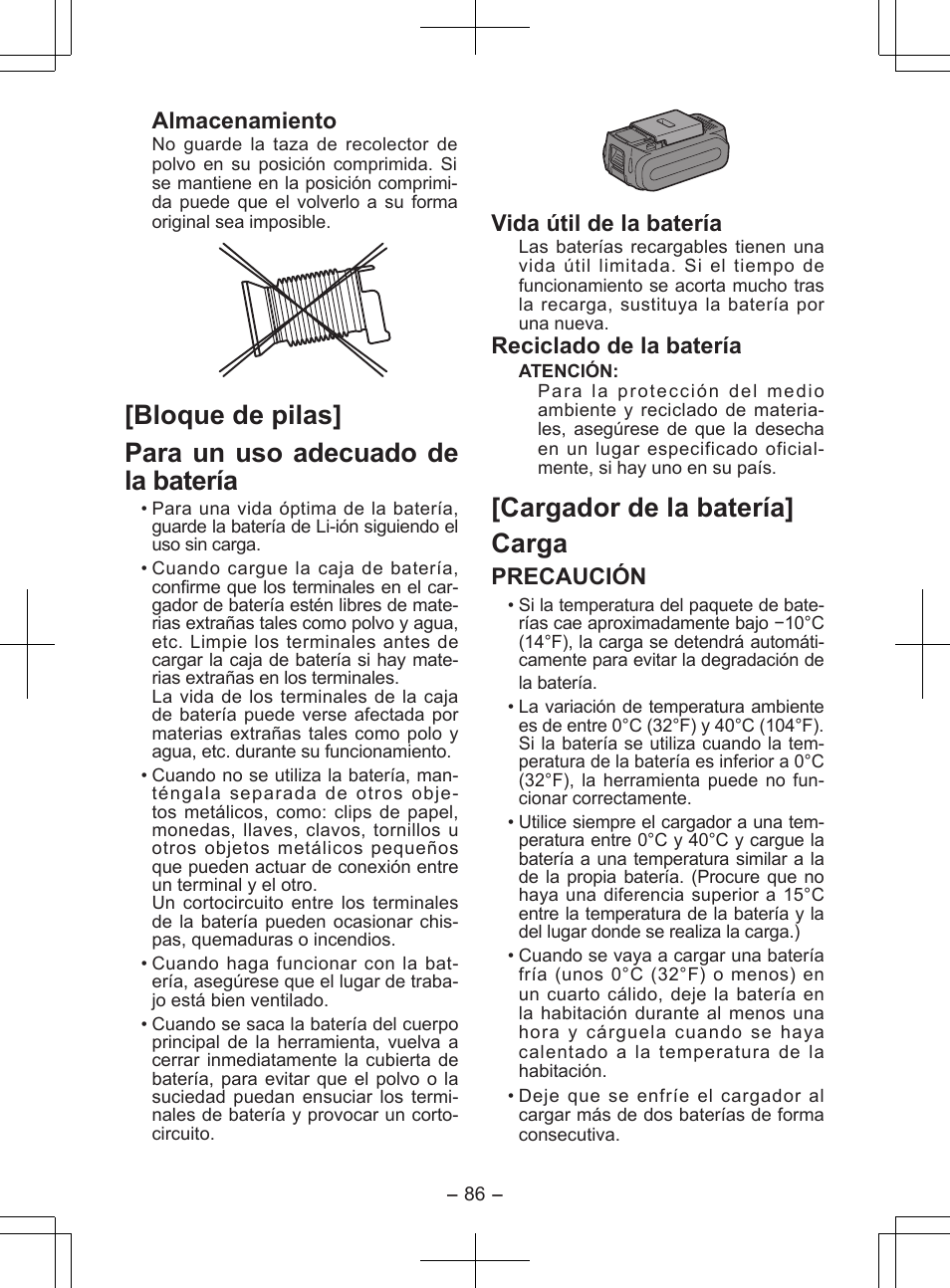 Cargador de la batería] carga, Almacenamiento, Vida útil de la batería | Reciclado de la batería, Precaución | Panasonic EY7840 User Manual | Page 86 / 148