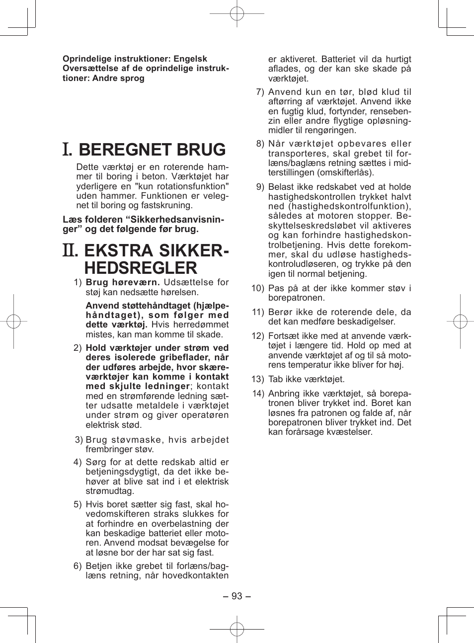 Beregnet brug, Ekstra sikker- hedsregler | Panasonic EY7840 User Manual | Page 93 / 148