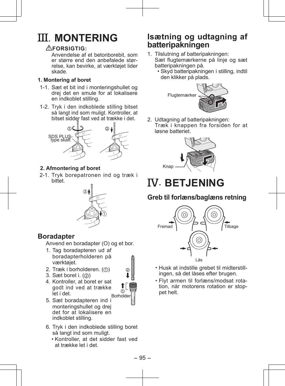 Montering, Betjening, Isætning og udtagning af batteripakningen | Boradapter, Greb til forlæns/baglæns retning | Panasonic EY7840 User Manual | Page 95 / 148