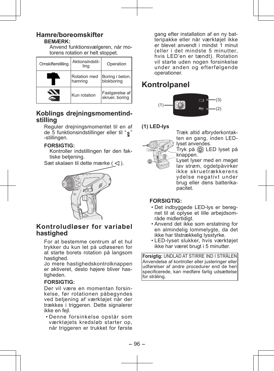 Kontrolpanel, Hamre/boreomskifter, Koblings drejningsmomentind- stilling | Kontroludløser for variabel hastighed | Panasonic EY7840 User Manual | Page 96 / 148