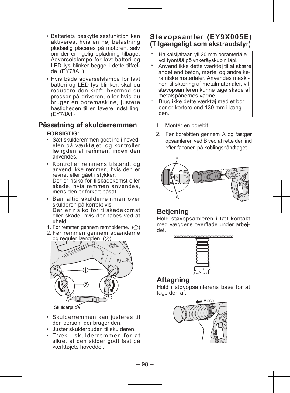 Påsætning af skulderremmen, Betjening, Aftagning | Panasonic EY7840 User Manual | Page 98 / 148