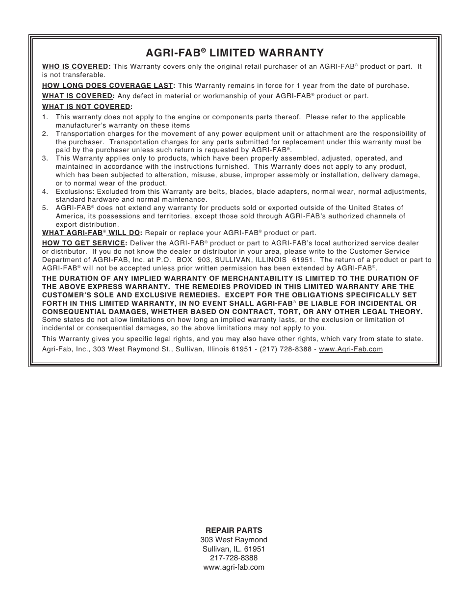 Agri-fab, Limited warranty | Agri-Fab 45-02141 User Manual | Page 12 / 12