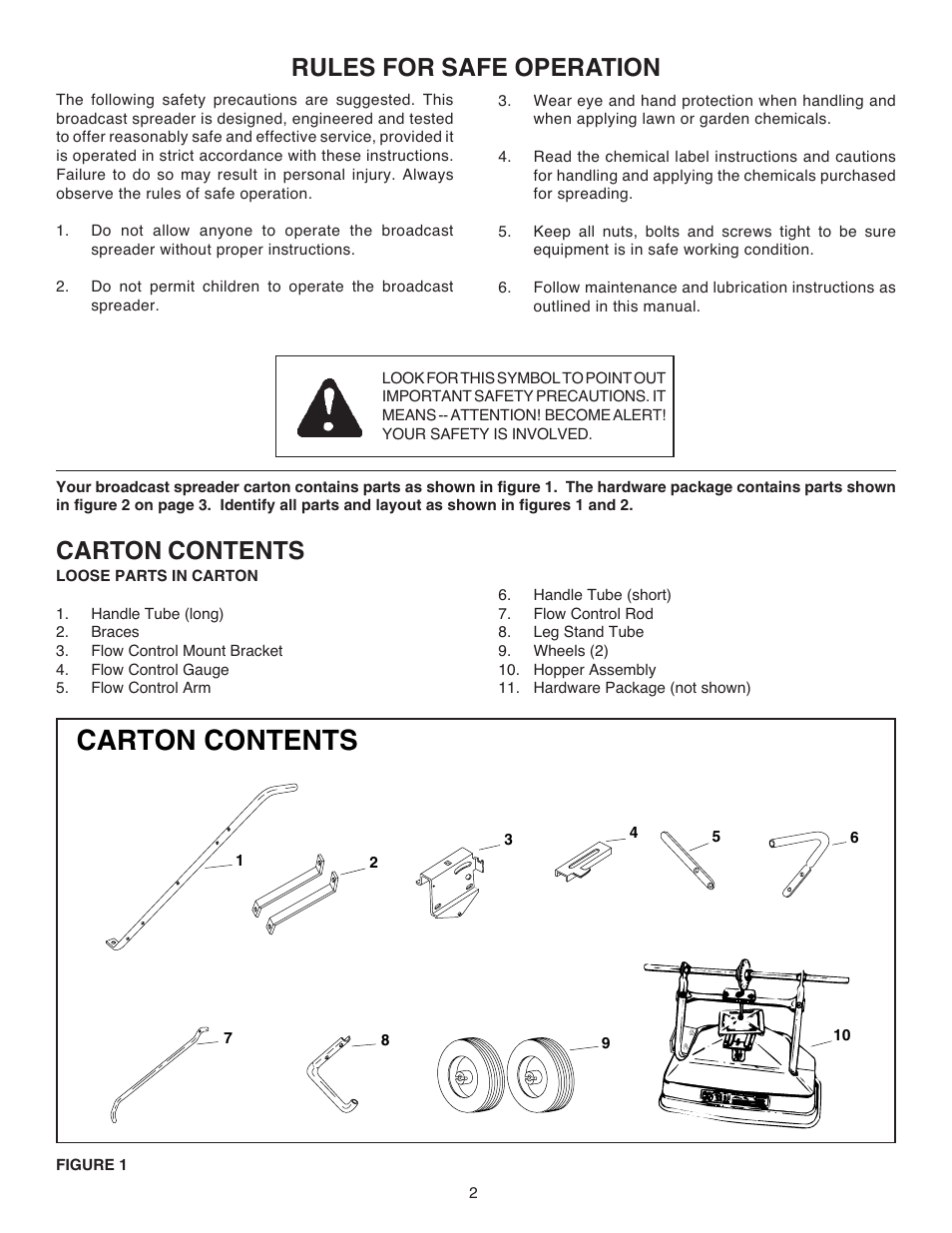 Rules for safe operation, Carton contents | Agri-Fab 45-02141 User Manual | Page 2 / 12