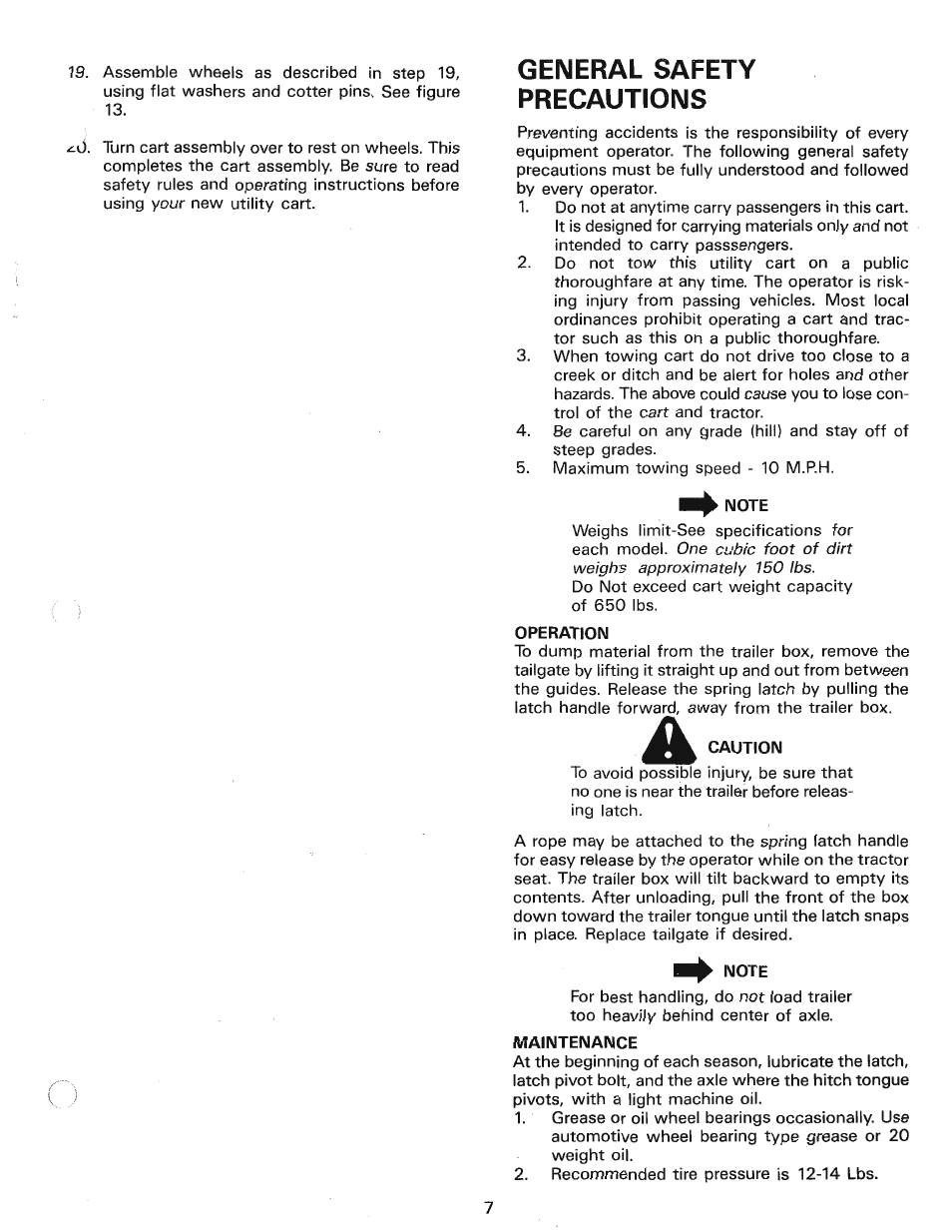 Note, Operation, Caution | Maintenance, General safety precautions | Agri-Fab Utility Cart 45-01001 User Manual | Page 7 / 12