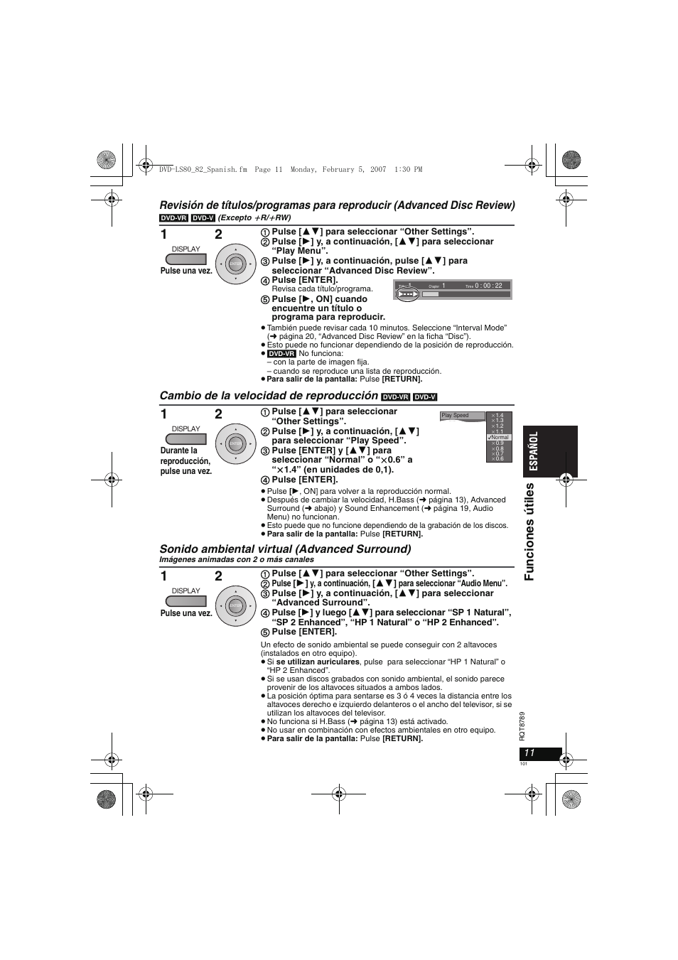 Funcion es út il es, Cambio de la velocidad de reproducción, Sonido ambiental virtual (advanced surround) | Panasonic DVDLS82 User Manual | Page 101 / 192