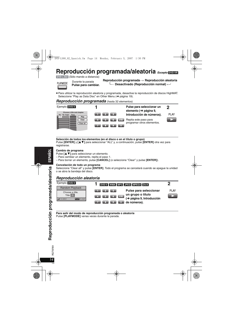 Reproducción programada/aleatoria, Re pr oducci ón pr ogramada/ alea tori a, Reproducción programada | Reproducción aleatoria | Panasonic DVDLS82 User Manual | Page 104 / 192