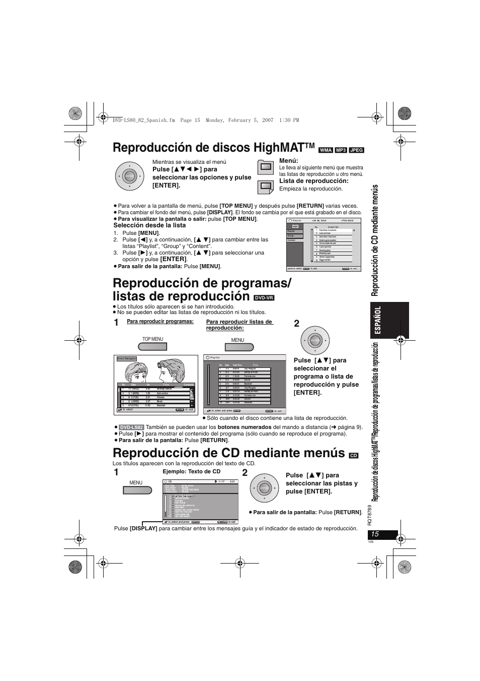 Reproducción de discos highmat, Reproducción de programas/ listas de reproducción, Reproducción de cd mediante menús | Re produc ción de di sc os hi ghma t, Repr oduc ci ón de cd me di an te me nús, Lista de reproducción, Selección desde la lista, Enter | Panasonic DVDLS82 User Manual | Page 105 / 192