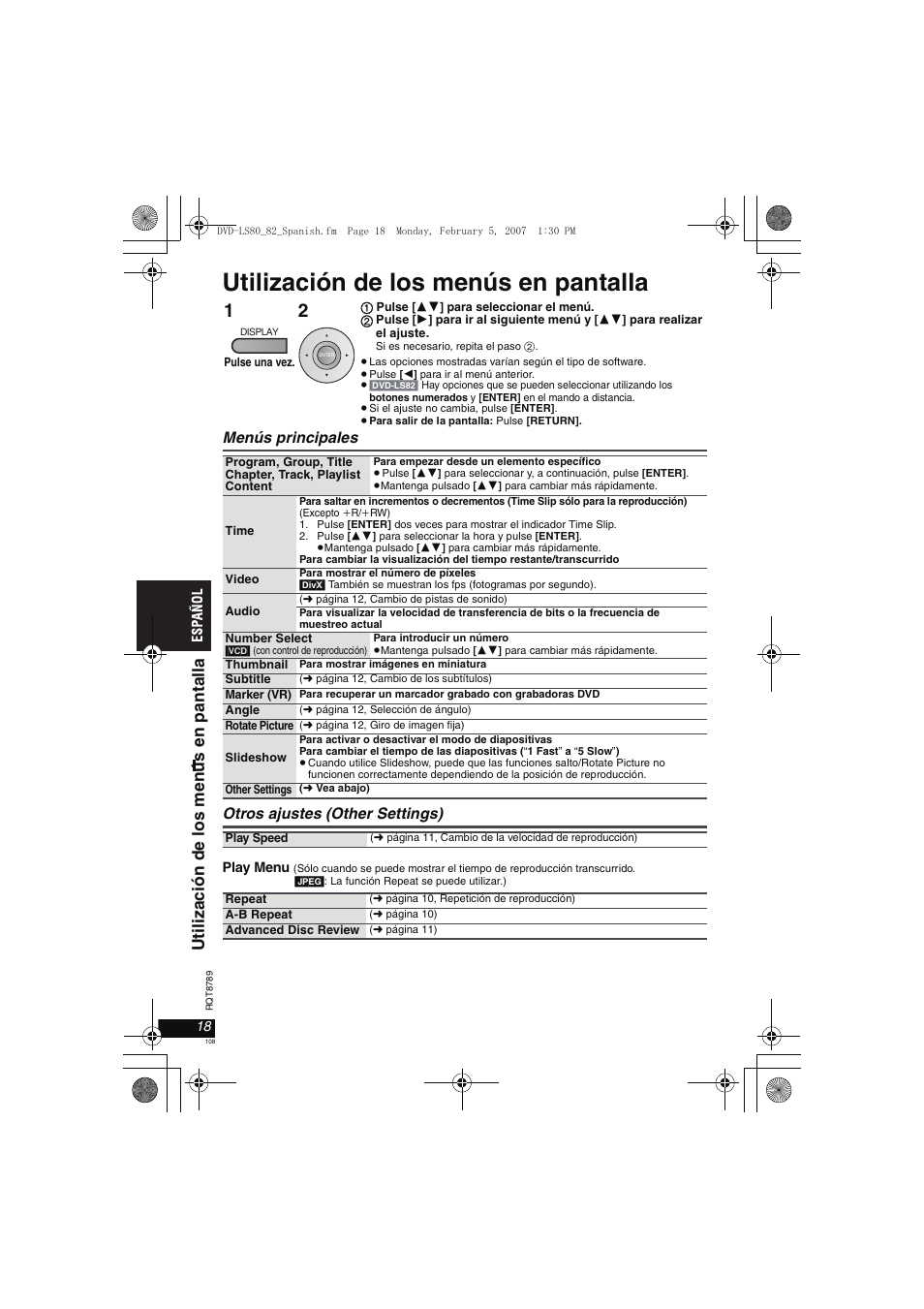 Utilización de los menús en pantalla, Ut il iz ación de los men ús e n pant all a | Panasonic DVDLS82 User Manual | Page 108 / 192