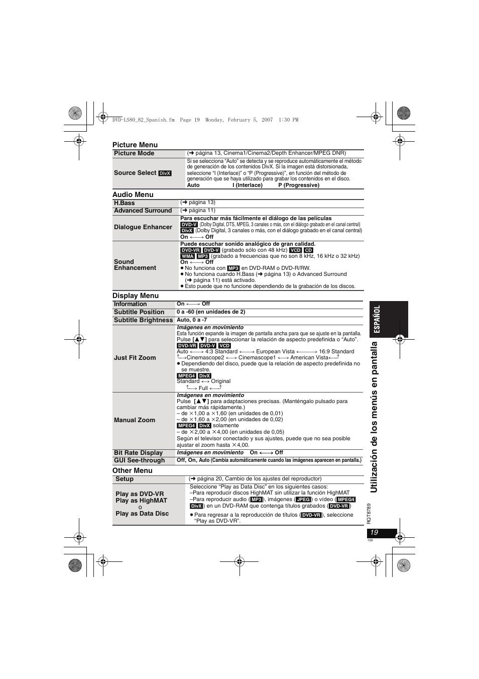 Ut il iz ación de los men ús e n pant all a | Panasonic DVDLS82 User Manual | Page 109 / 192