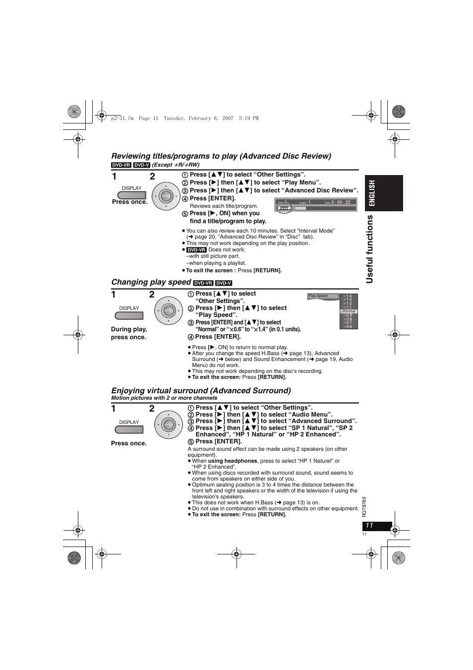 Useful f unct ions, Changing play speed, Enjoying virtual surround (advanced surround) | Panasonic DVDLS82 User Manual | Page 11 / 192